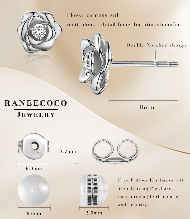 Raneecoco White Gold Plated Sterling Silver Rose Flower Earring Studs, Hypoallergenic & Nickel Free Earrings for Women(9mm) - Image 5